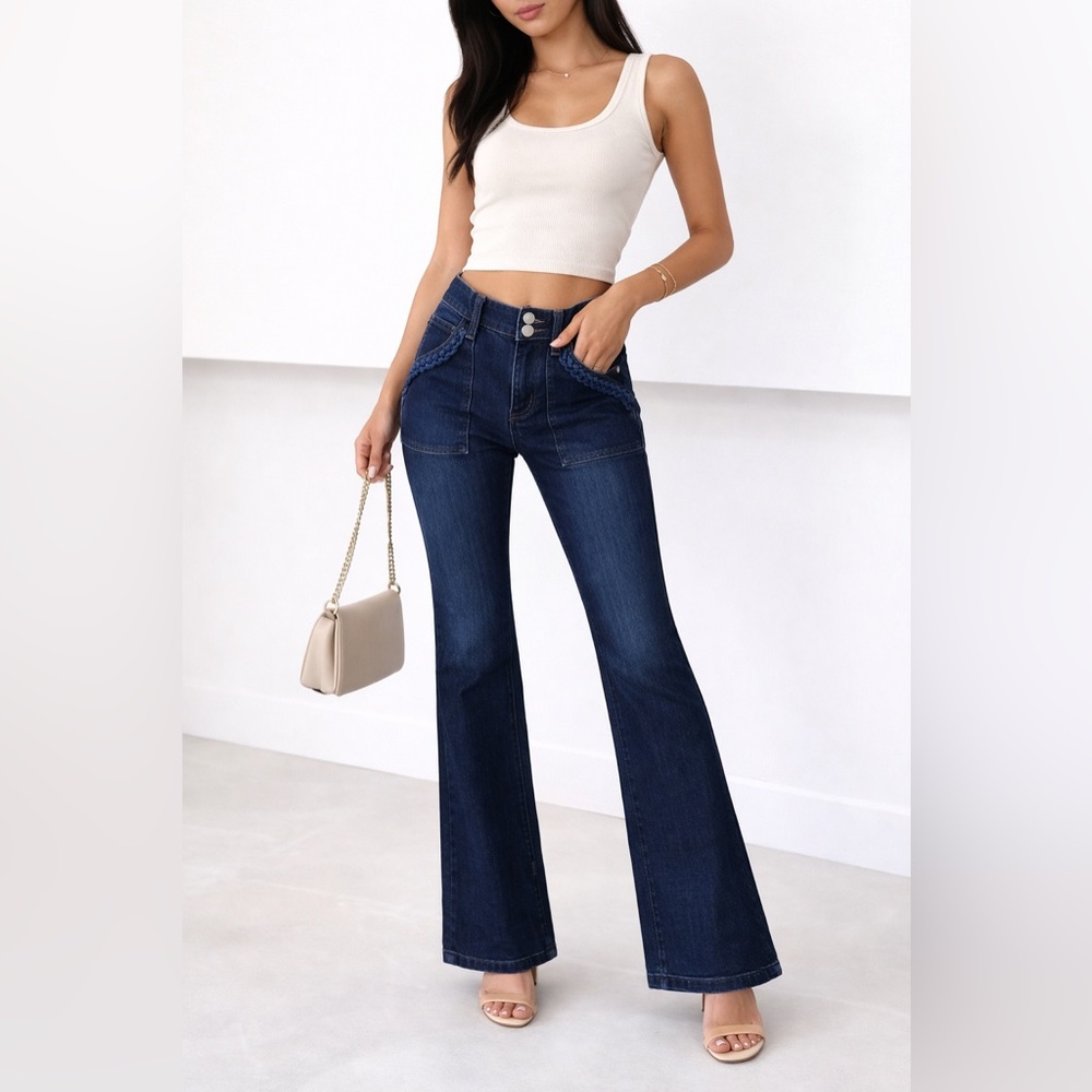 Indigo Poppy Bootcut Jeans Braided Pocket Detail Size 6